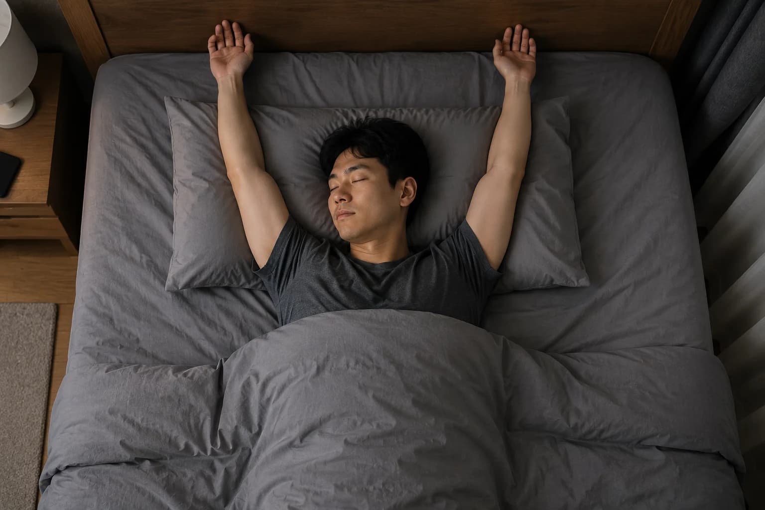잠잘 때 두 팔을 머리 위로 올린 만세 자세로 자는 모습